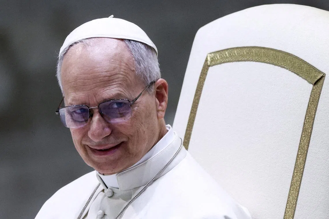 FILE PHOTO: Pope Leo XIV attends the weekly general audience at the Paul VI hall at the Vatican, January 28, 2026. REUTERS/Guglielmo Mangiapane/File Photo