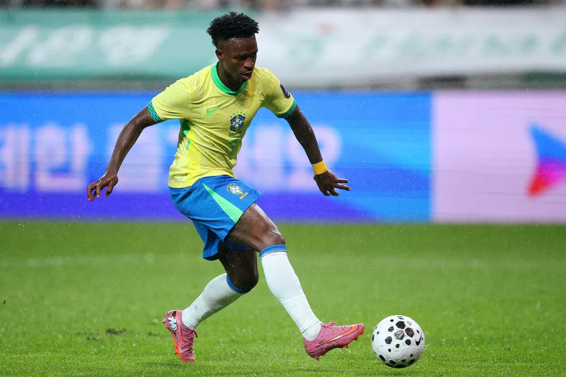 Soccer Football - International Friendly - South Korea v Brazil - Seoul World Cup Stadium, Seoul, South Korea - October 10, 2025 Brazil's Vinicius Jr. in action before scoring their fifth goal REUTERS/Kim Hong-Ji