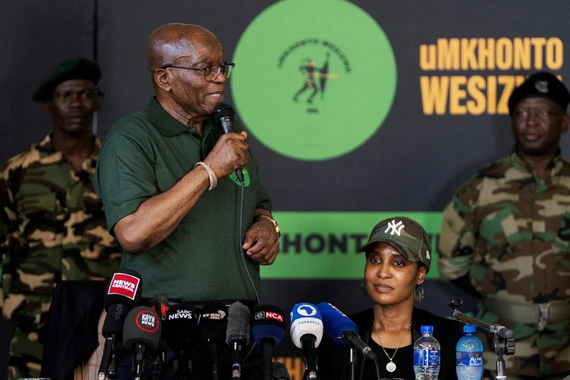 FILE PHOTO: Former South African President Jacob Zuma speaks about his political future at a press conference in Orlando East, Soweto, Johannesburg, South Africa, December 16, 2023. REUTERS/Shiraaz Mohamed/File Photo