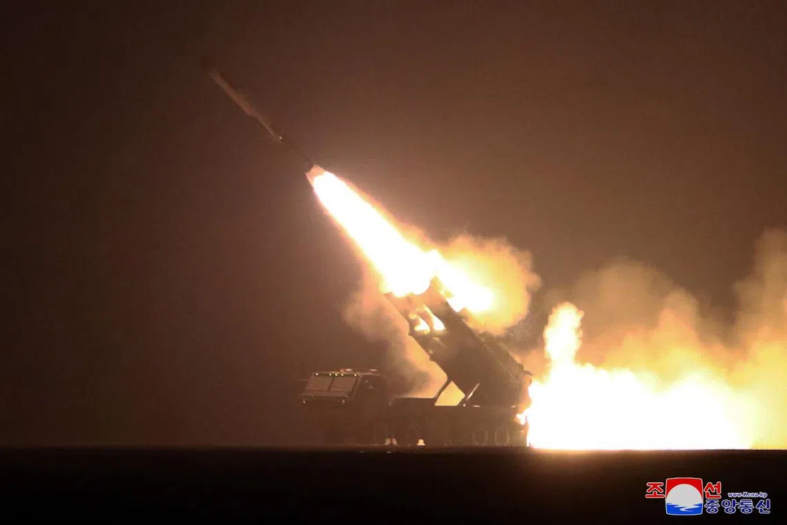 A strategic cruise missile launching drill staged at dawn in Kim Chaek City in North Korea on Feb 23.