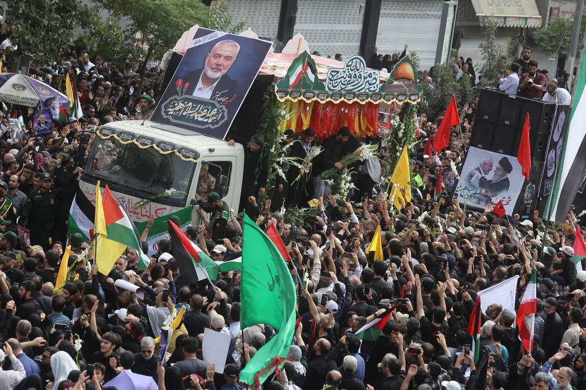 Iranians attend the funeral procession of assassinated Hamas chief, Ismail Haniyeh in Tehran, Iran, August 1, 2024. Majid Asgaripour/WANA (West Asia News Agency) via REUTERS/Filr Photo