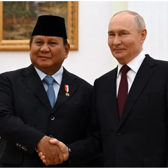 Indonesian President Prabowo Subianto meeting (clockwise from top left) Malaysian Prime Minister Anwar Ibrahim, Russian President Vladimir Putin, South Korean President Lee Jae-myung, and French President Emmanuel Macron.