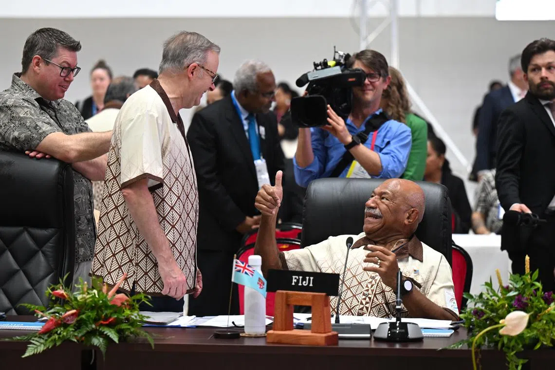 Australian PM Anthony Albanese speaking to PM of Fiji Sitiveni Rabuka at the 53rd Pacific Islands Forum Leaders Meeting in Nuku’alofa, Tonga, on Aug 28. 