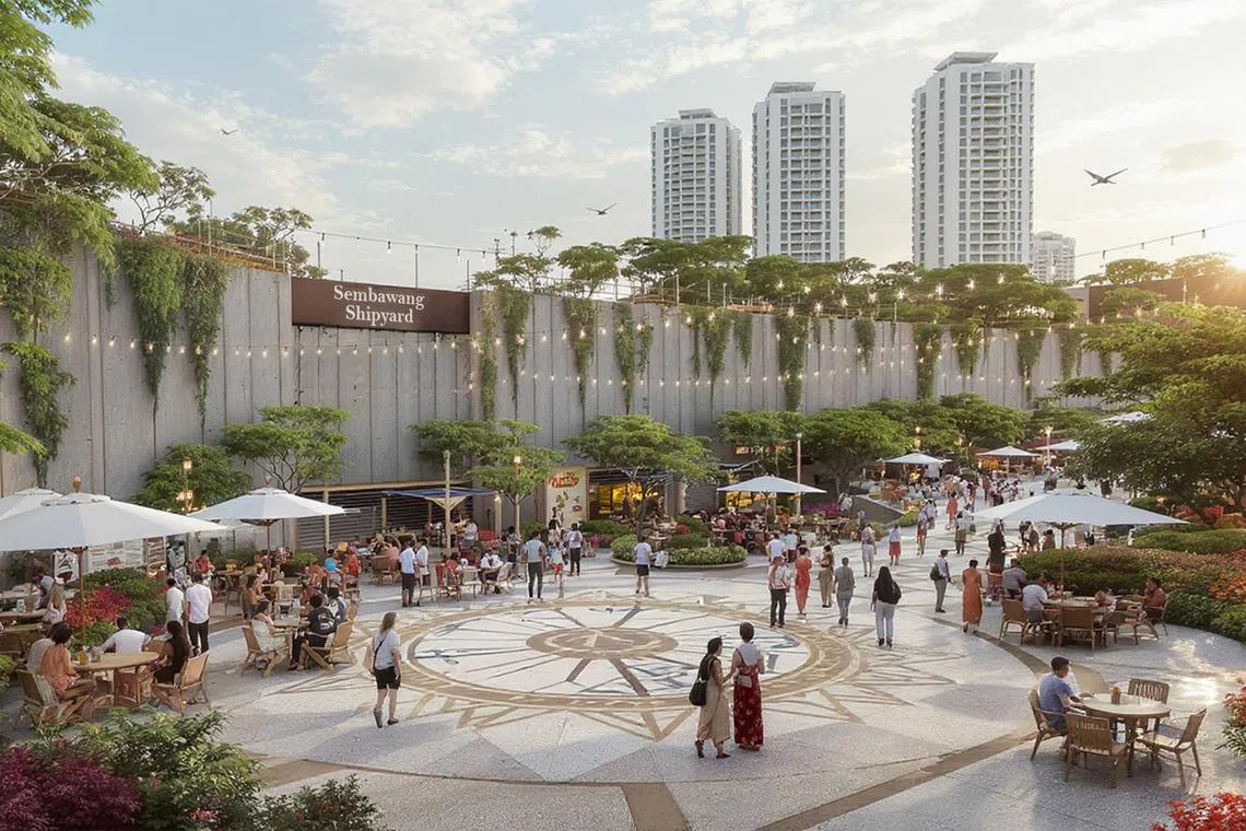 An illustration of the dry dock at Sembawang Shipyard reimagined as a community plaza.