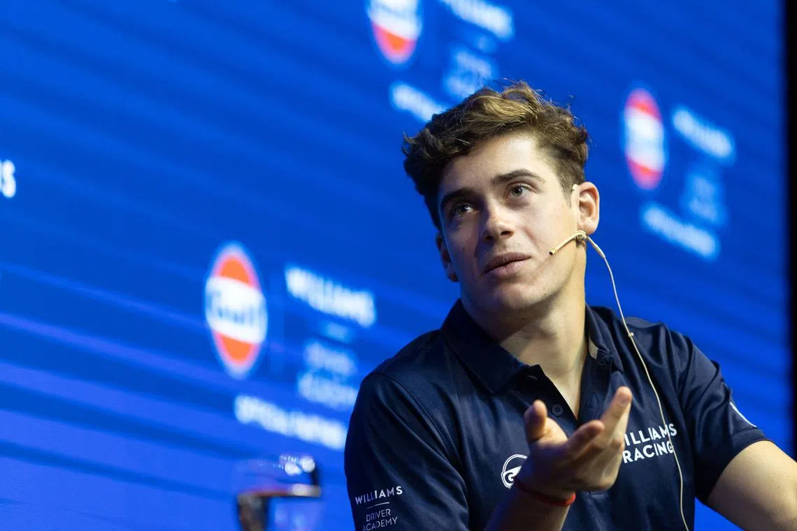 FILE PHOTO: Argentine Formula Two driver Franco Colapinto addresses the audience during an event with his sponsor Gulf, in Buenos Aires, Argentina August 12, 2024. Juan Lopetegui/Gulf/Handout via REUTERS/File photo