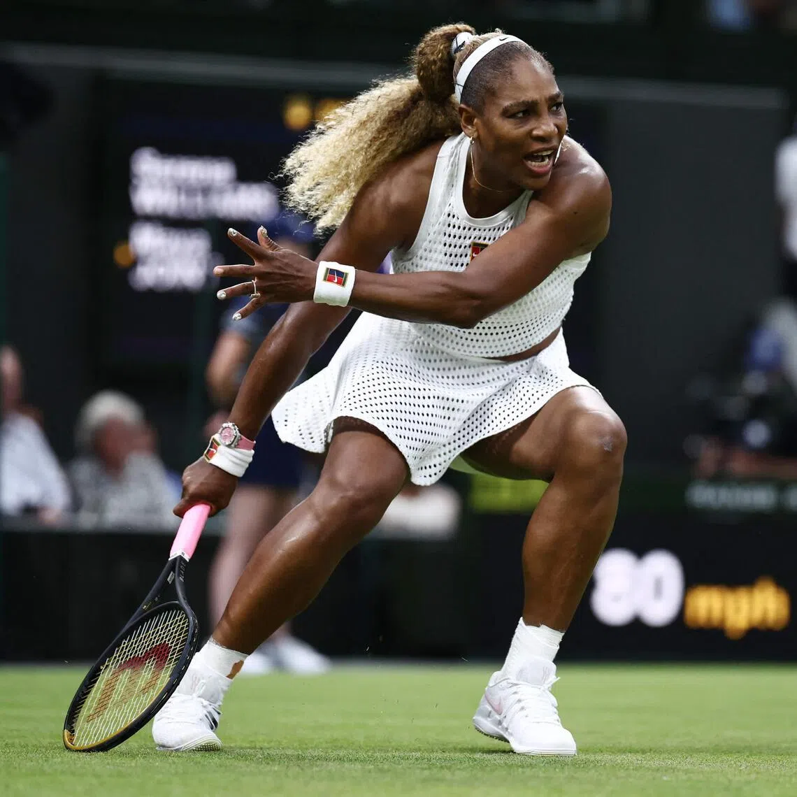 Serena Williams playing a return to Maya Joint during their women’s singles first-round Wimbledon match on June 30.