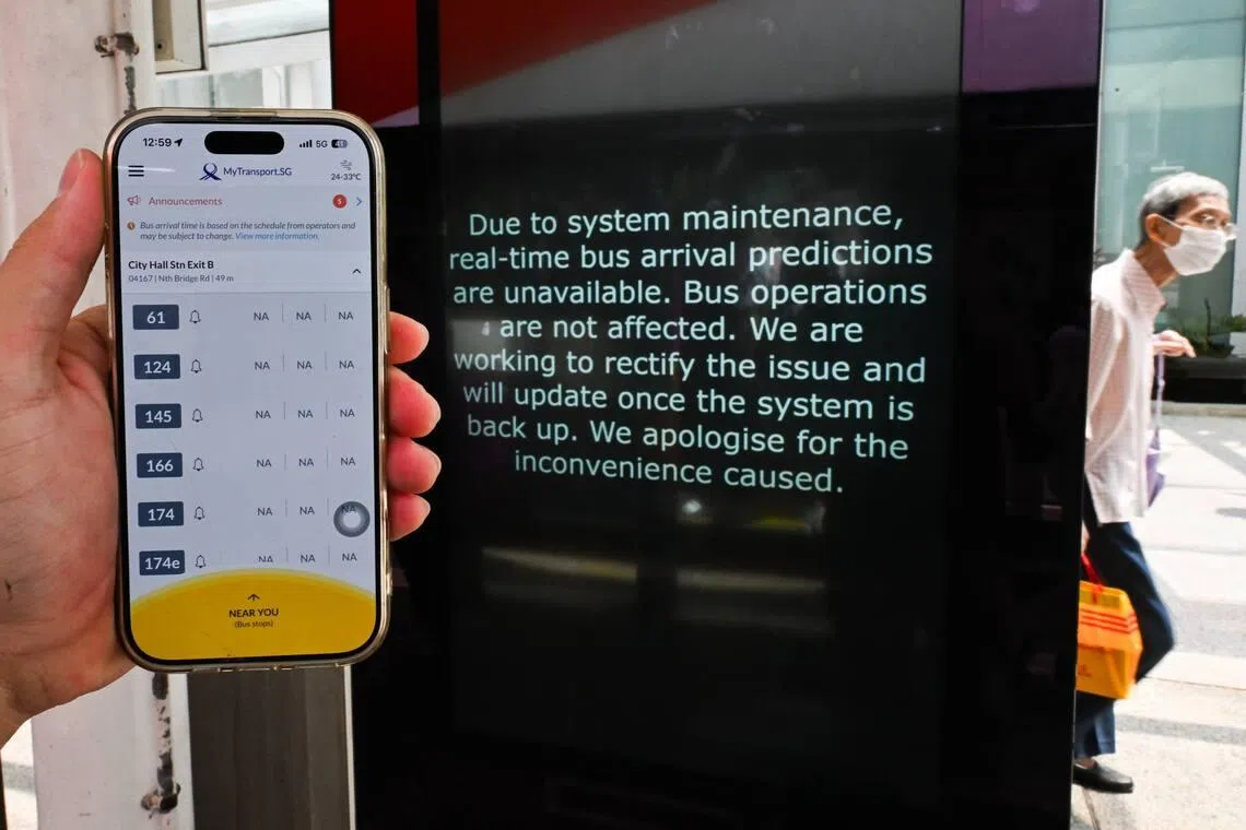 Both the MyTransport.SG app and electronic display board at a bus stop at City Hall were still unable to show bus arrival timings in the afternoon of Jan 22.