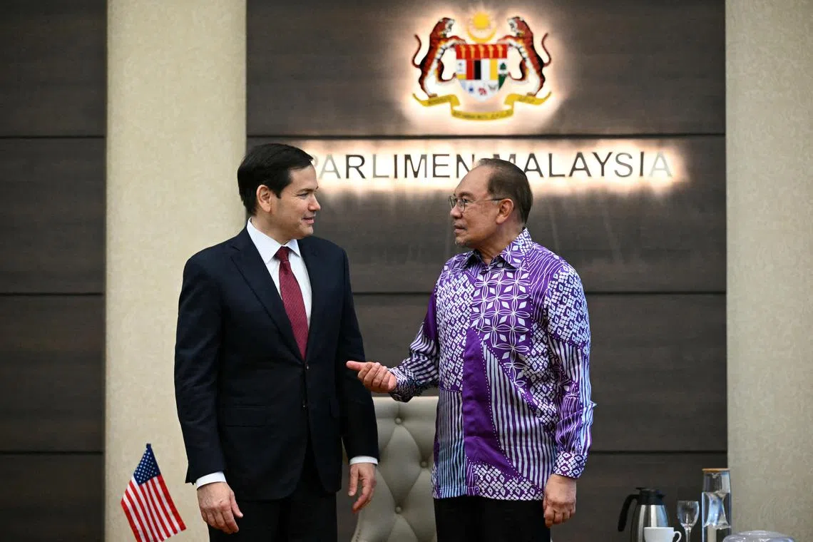 US Secretary of State Marco Rubio meets with Malaysia's Prime Minister Anwar Ibrahim during a meeting of Asean foreign ministers in Kuala Lumpur.