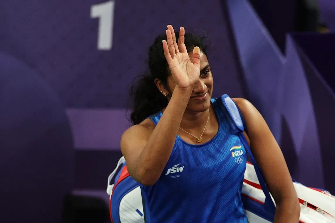 FILE PHOTO: Paris 2024 Olympics - Badminton - Women's Singles Group play stage - Porte de La Chapelle Arena, Paris, France - July 31, 2024. V. Sindhu Pusarla of India thanks the crowd after winning the Group M match against Kristin Kuuba of Estonia. REUTERS/Hamad I Mohammed/ File Photo