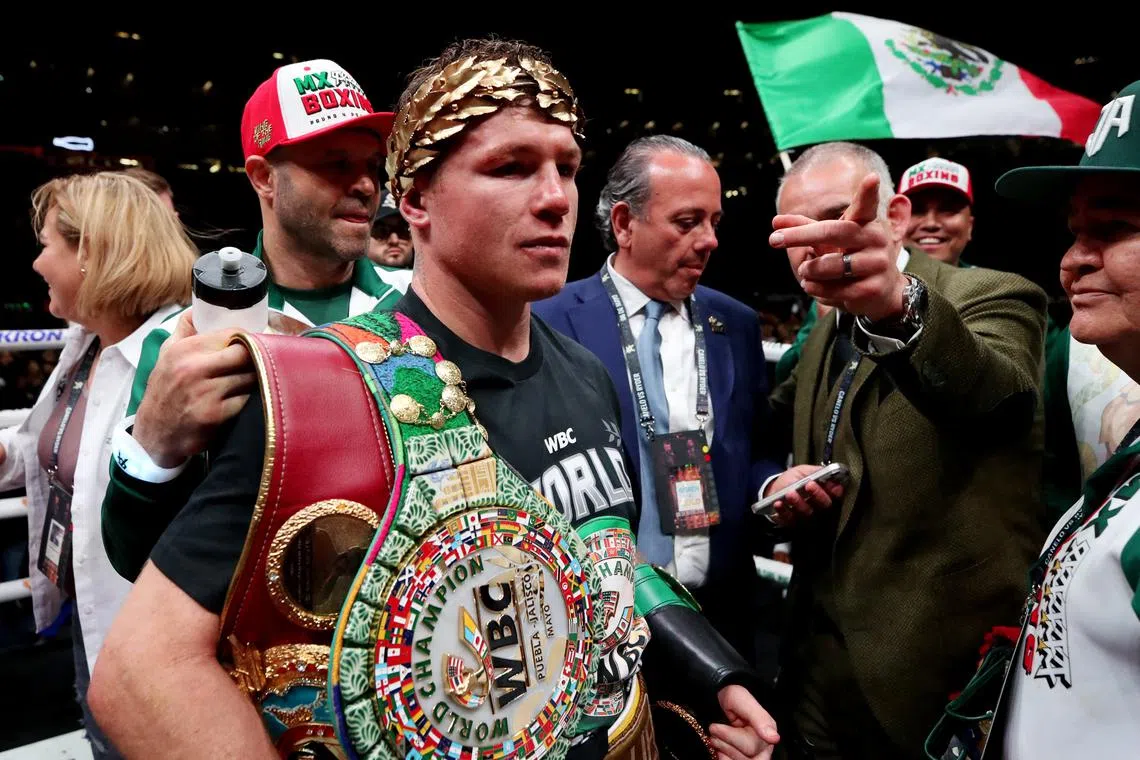 FILE PHOTO: Boxing - Super Middleweight - Saul 'Canelo' Alvarez v John Ryder - Estadio Arkon, Guadalajara, Mexico - May 7, 2023 Saul 'Canelo' Alvarez celebrates after winning his fight against John Ryder Reuters/Henry Romero/File Photo