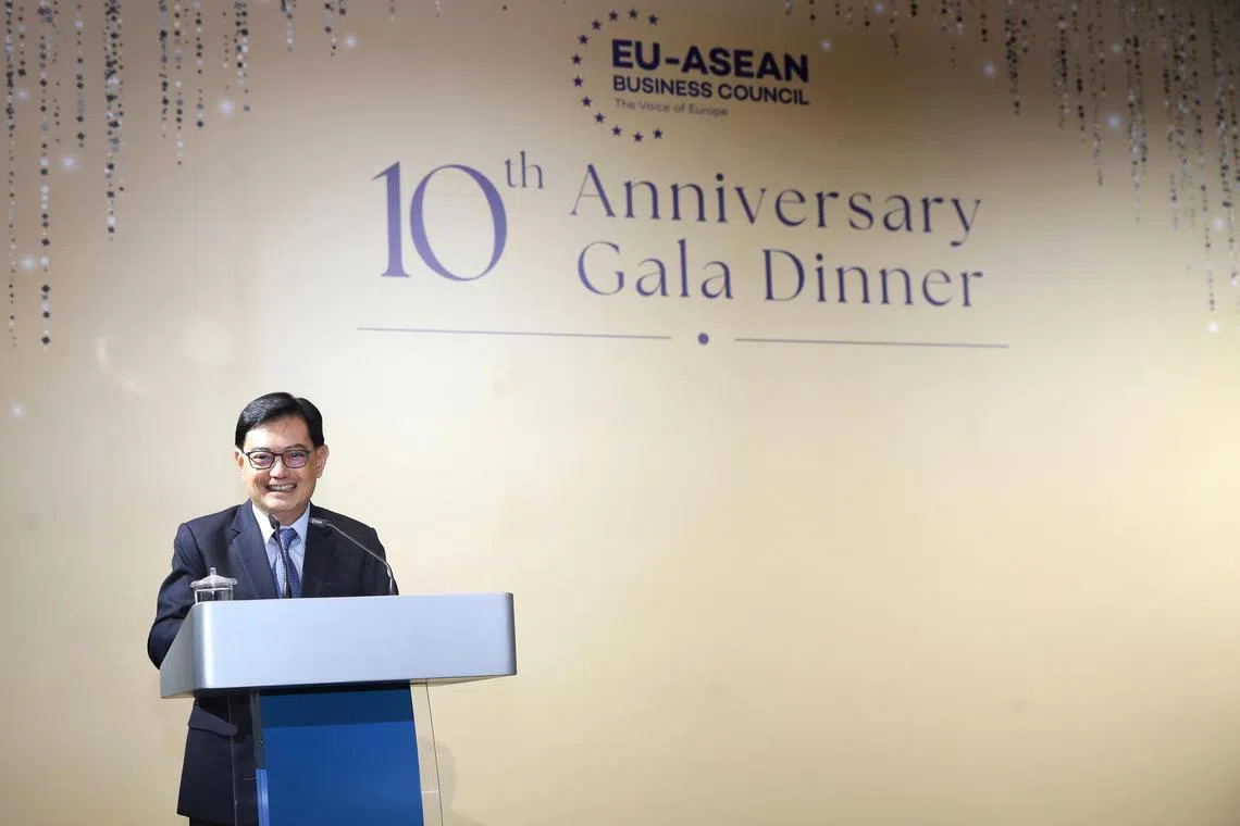  Deputy Prime Minister Heng Swee Keat speaking at the 10th anniversary gala dinner of the EU-Asean Business Council (EU-ABC) on Apr 24, 2024.