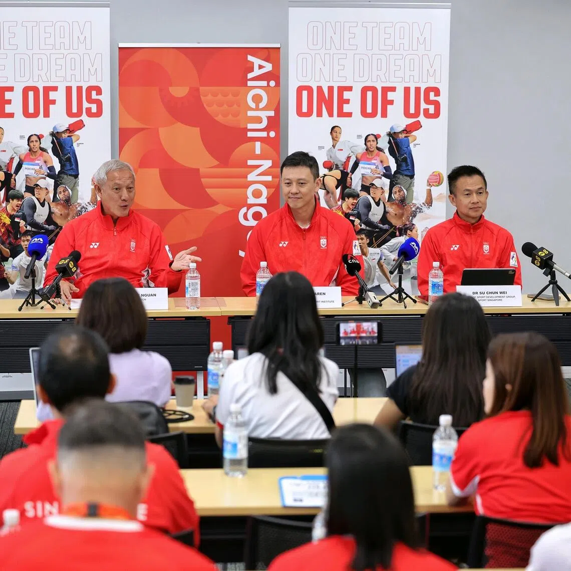 (From left) Singapore National Olympic Council secretary-general Mark Chay, chef-de-mission Goh Kee Nguan, High Performance Sport Institute chief Low Jia Ren and Sport Singapore chief of Sport Development Group Su Chun Wei at Nagoya Harbour Hall on Oct 4.
