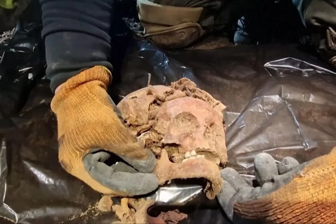 A human skull is seen at Nazi leader Adolf Hitler’s eastern front military headquarters in present-day Poland in Gierloz in northeastern Poland in this undated screen grab from video. Courtesy Piotrek Fundacja Latebra via YouTube
