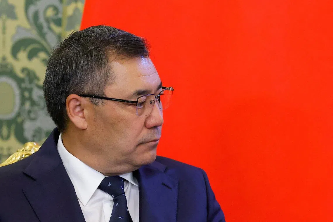 Kyrgyz President Sadyr Japarov attends a meeting with his Russian counterpart Vladimir Putin at the Kremlin in Moscow, Russia, July 2, 2025. REUTERS/Maxim Shemetov/Pool