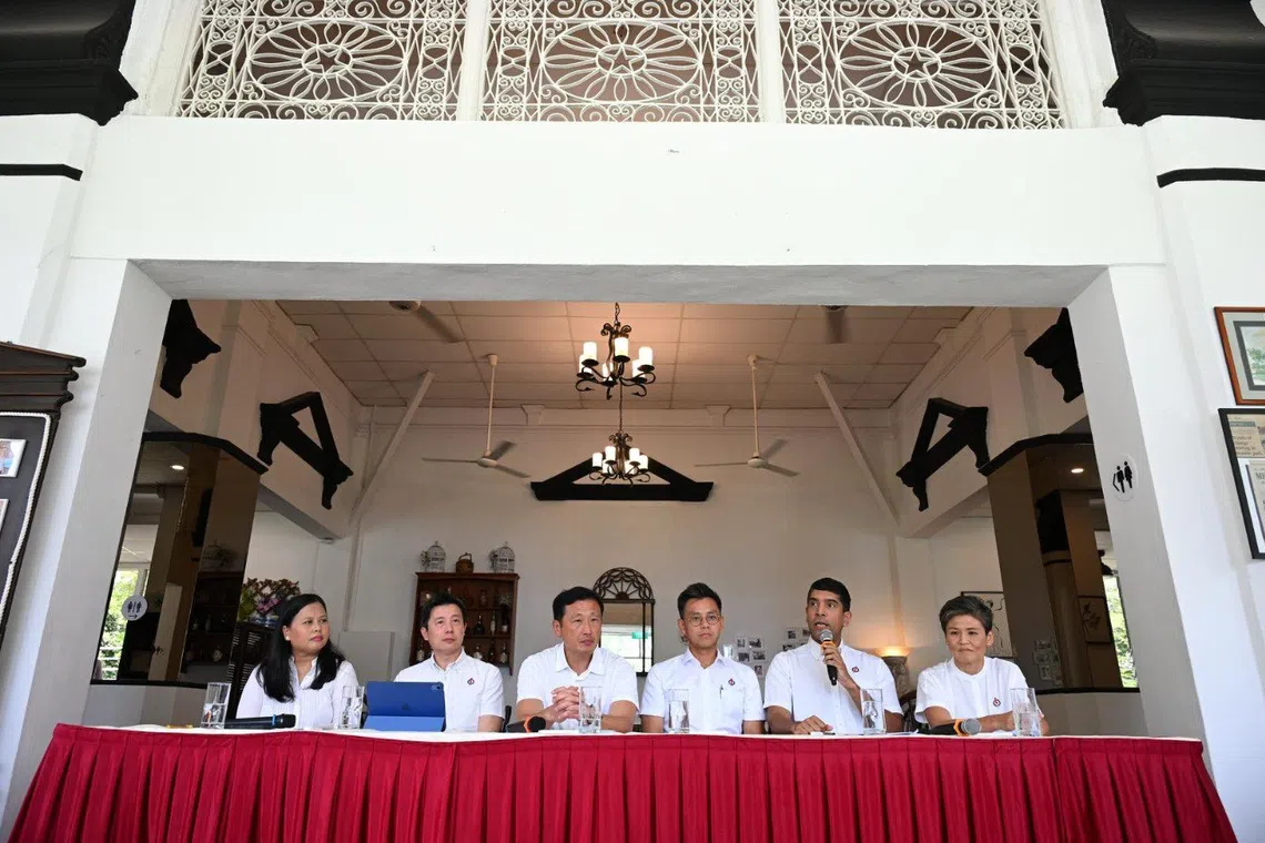 (From left) Ms Mariam Jaafar, Mr Gabriel Lam, Minister Ong Ye Kung, Mr Ng Shi Xuan, Mr Vikram Nair and Ms Poh Li San at the announcement of PAP candidates for Sembawang GRC and Sembawang West SMC on April 22. 
