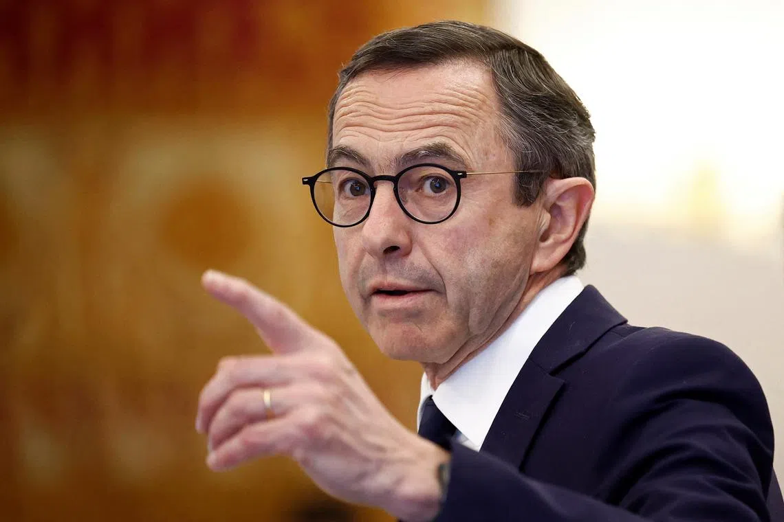 French Interior Minister Bruno Retailleau gestures during a press conference, presenting results of six months of action at the Ministry, at the Hotel de Beauvau, Ministry of Interior, in Paris, France, April 10, 2025. REUTERS/Abdul Saboor/File Photo