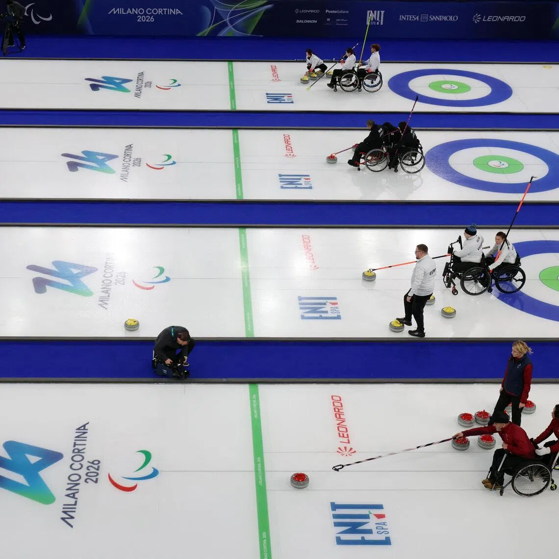 General view of athletes in action during the wheelchair curling at the 2026 Winter Paralympics.