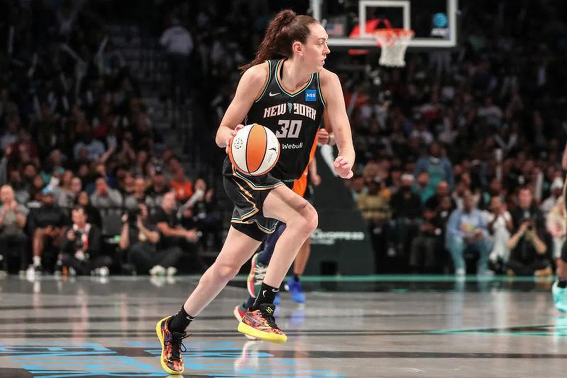 FILE PHOTO: Sep 24, 2023; Brooklyn, New York, USA; New York Liberty forward Breanna Stewart (30) brings the ball up court in the fourth quarter against the Connecticut Sun during game one of the 2023 WNBA Playoffs at Barclays Center. Mandatory Credit: Wendell Cruz-USA TODAY Sports/File Photo