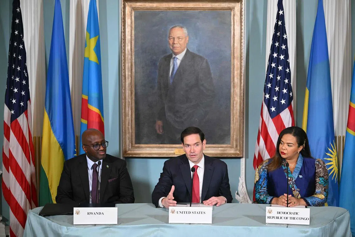 At the peace agreement signing on June 27 are (from left) Rwandan Foreign Minister Olivier Nduhungirehe, US Secretary of State Marco Rubio and Democratic Republic of the Congo Foreign Minister Therese Kayikwamba Wagner.