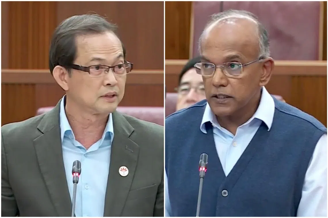 Parliament witnessed a heated exchange between Law and Home Affairs Minister K. Shanmugam (right) and NCMP Leong Mun Wai on March 22, 2023.