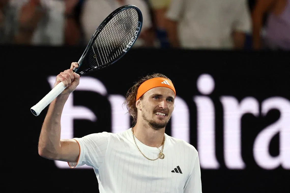 Tennis - Australian Open - Melbourne Park, Melbourne, Australia - January 27, 2026 Germany's Alexander Zverev celebrates after winning his quarter final match against Learner Tien of the U.S. REUTERS/Tingshu Wang
