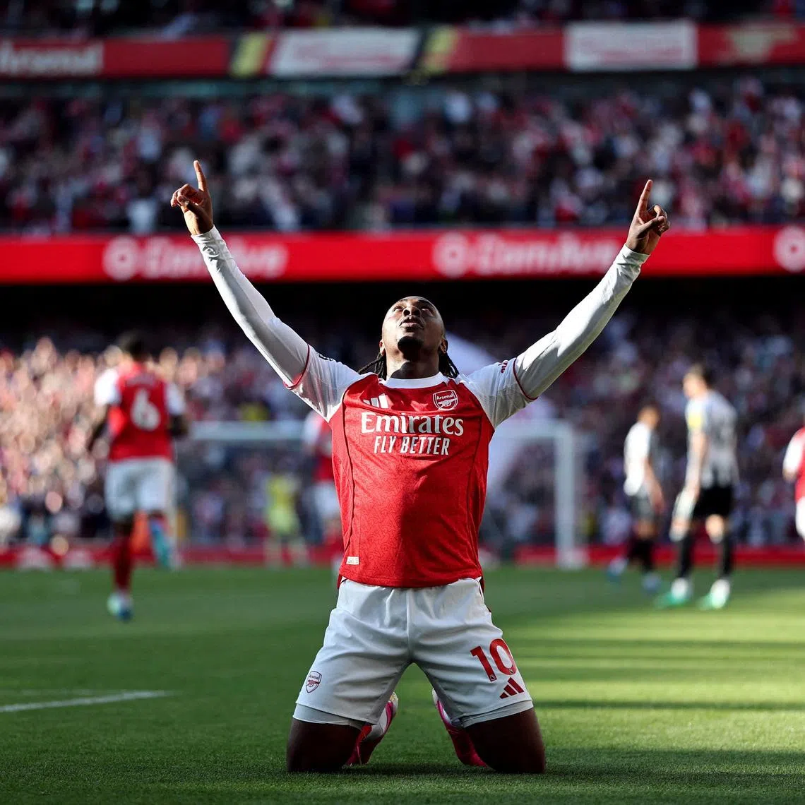 Soccer Football - Premier League - Arsenal v Newcastle United - Emirates Stadium, London, Britain - April 25, 2026 Arsenal's Eberechi Eze celebrates scoring their first goal REUTERS/David Klein