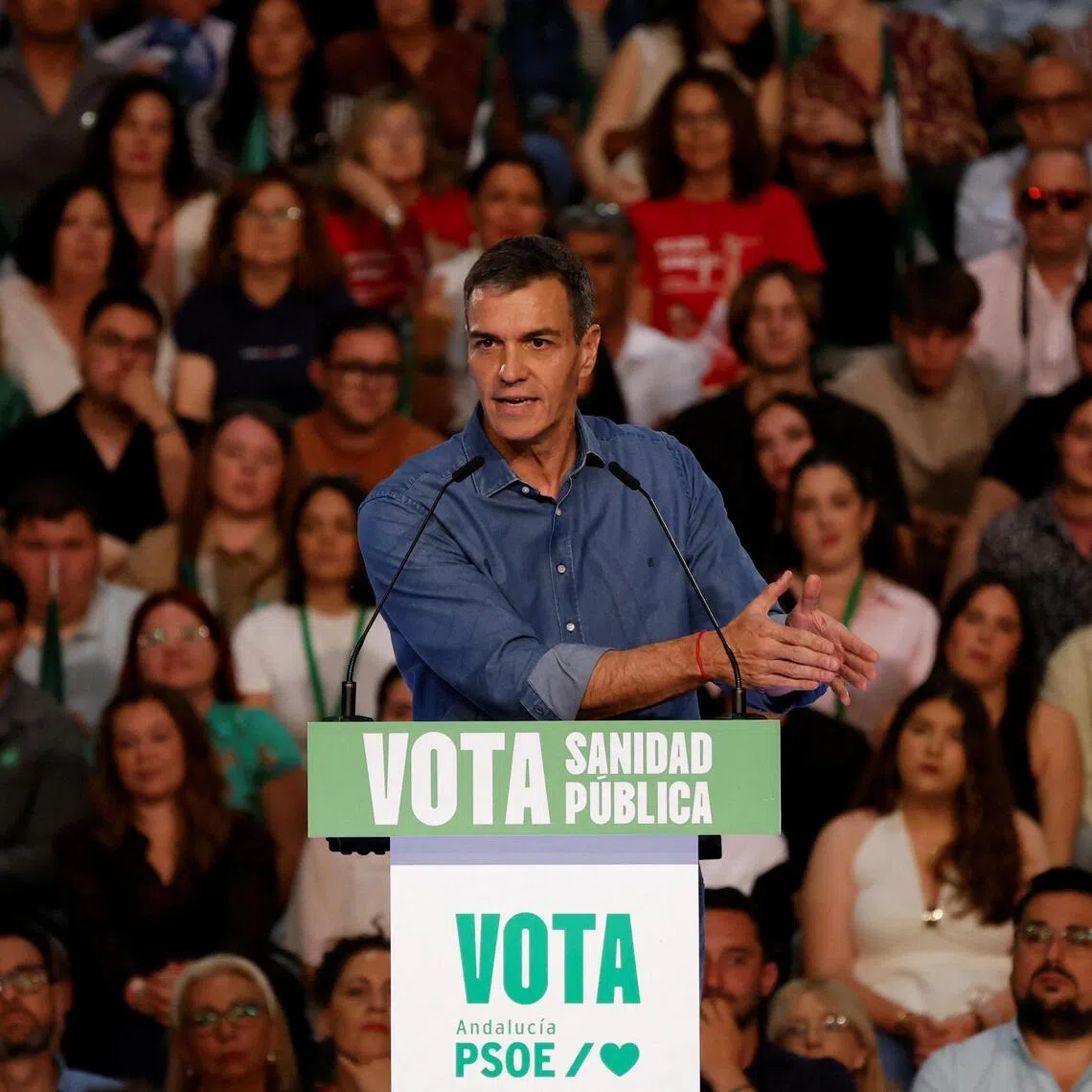 Spain's Prime Minister Pedro Sanchez delivers a speech during a campaign rally ahead of the Andalusian regional elections, in Seville, Spain, on May 15. 