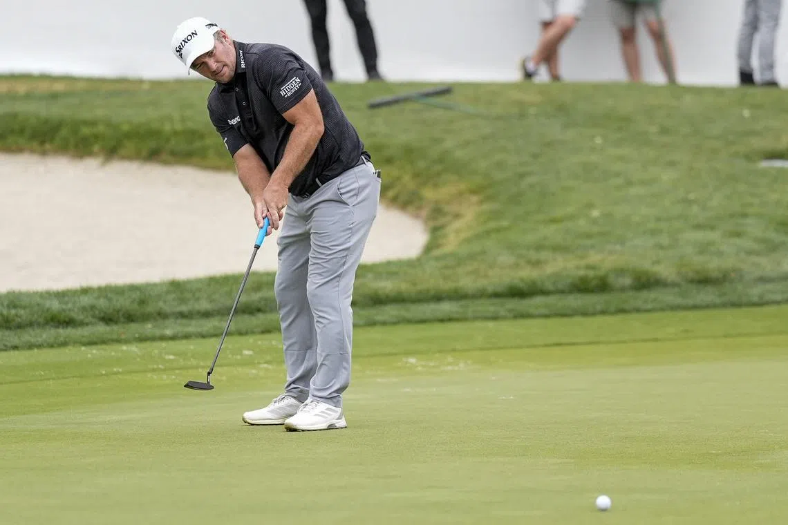 May 11, 2025; Myrtle Beach, South Carolina, USA; Ryan Fox putts on 18 to put himself in contention for a tie breaker during the final round of the Myrtle Beach Classic golf tournament. Mandatory Credit: Jim Dedmon-Imagn Images