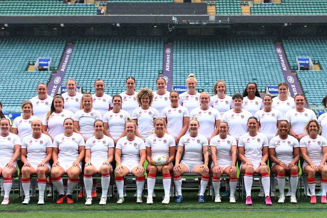 FILE PHOTO: Rugby Union - 2025 Women's Rugby World Cup - England Squad Announcement - Allianz Stadium, Twickenham, London, Britain - July 24, 2025 The newly announced England players pose for a team group photo Action Images via Reuters/Andrew Boyers/ File Photo