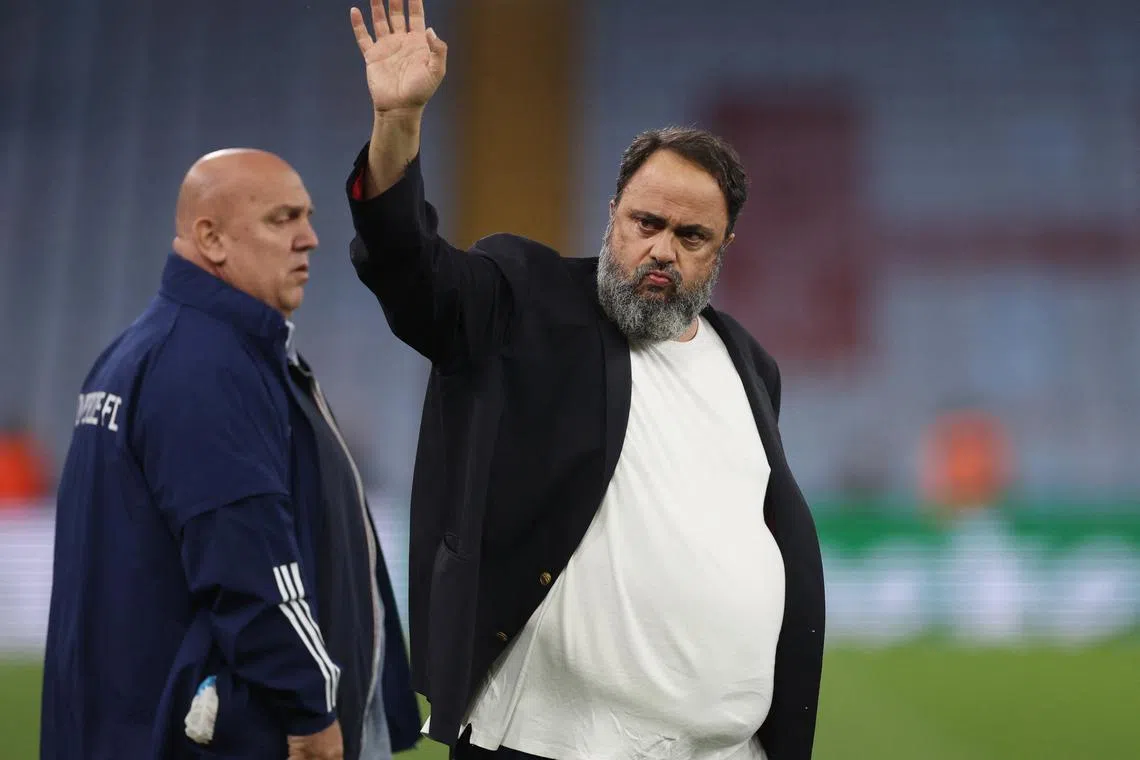 FILE PHOTO: Soccer Football - Europa Conference League - Semi Final - First Leg - Aston Villa v Olympiacos - Villa Park, Birmingham, Britain - May 2, 2024  Olympiacos owner Evangelos Marinakis celebrates after the match Action Images via Reuters/Paul Childs/File Photo
