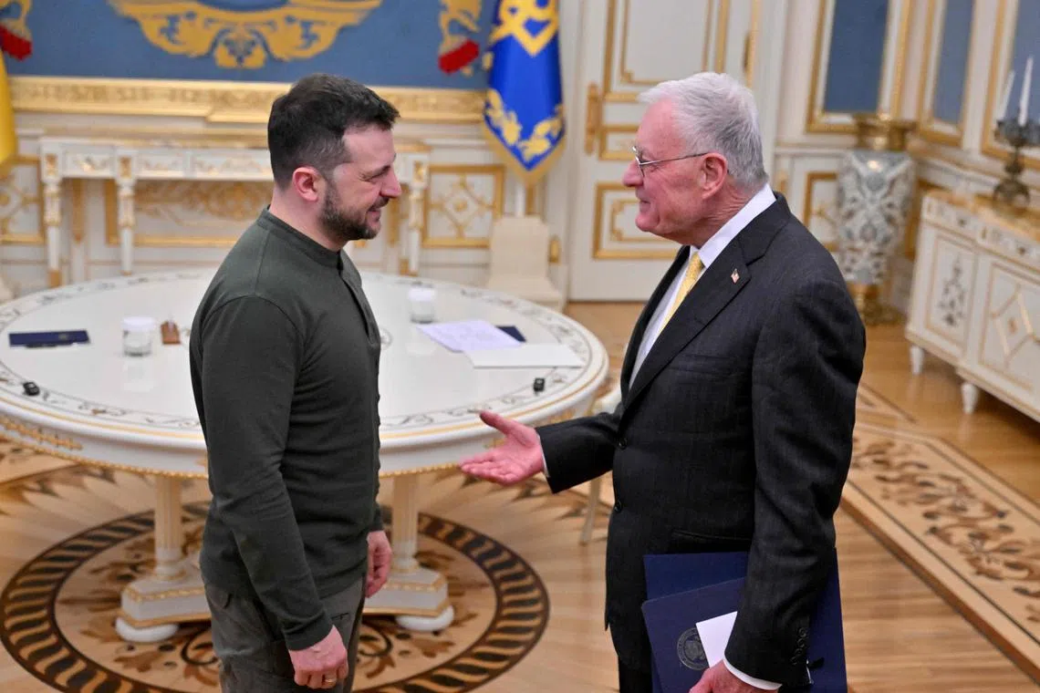 Ukrainian President Volodymyr Zelensky meeting General Keith Kellogg, US special envoy for Ukraine and Russia, in Kyiv on Feb 20.