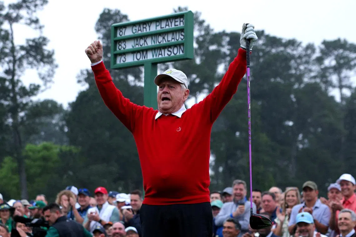 Jack Nicklaus of the United States reacting after hitting his tee shot on the first hole during the ceremonial start on the first day of play at the US Masters at Augusta National on Thursday.