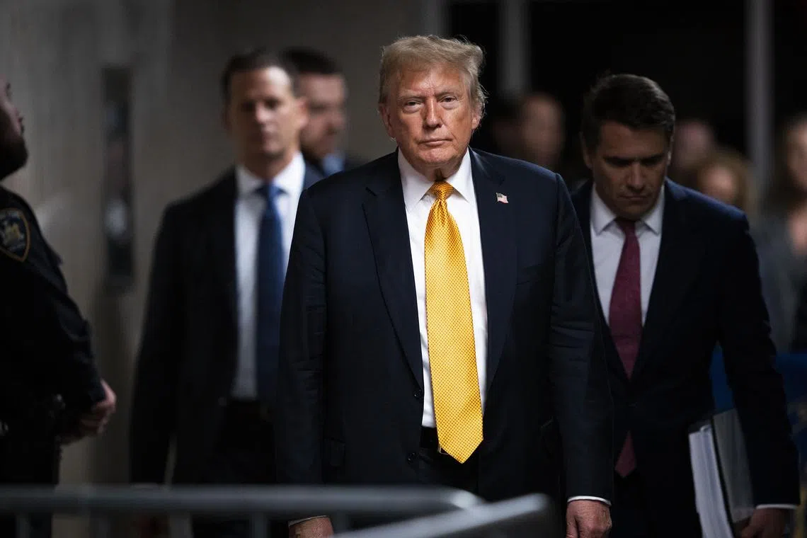FILE Ñ Former President Donald Trump walks to make remarks to reporters as jurors begin deliberations for his criminal trial at the New York State Supreme Court in Manhattan, May 29, 2024. The Manhattan district attorneyÕs office on Monday, July 1, is expected to make its recommendation to a judge on whether to imprison Trump for his recent felony conviction, a crucial step in the first criminal sentencing of an American president. (Doug Mills/The New York Times)