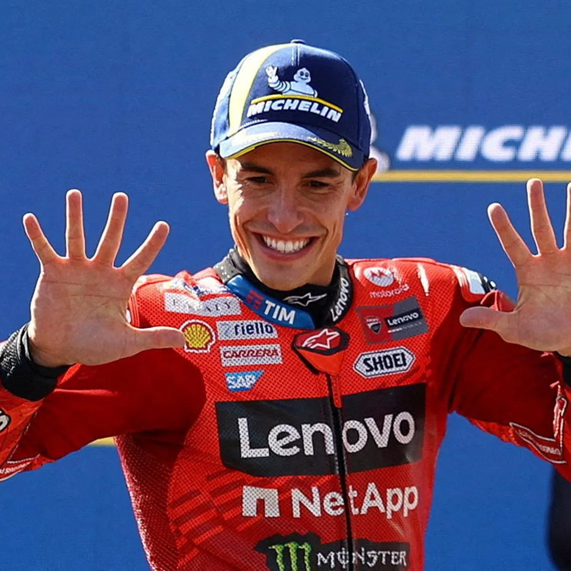 FILE PHOTO: MotoGP - Hungarian Grand Prix - Balaton Park Circuit, Balatonfokajart, Hungary - August 24, 2025 Ducati Lenovo Team's Marc Marquez celebrates on the podium after winning the MotoGP race REUTERS/Bernadett Szabo/File Photo