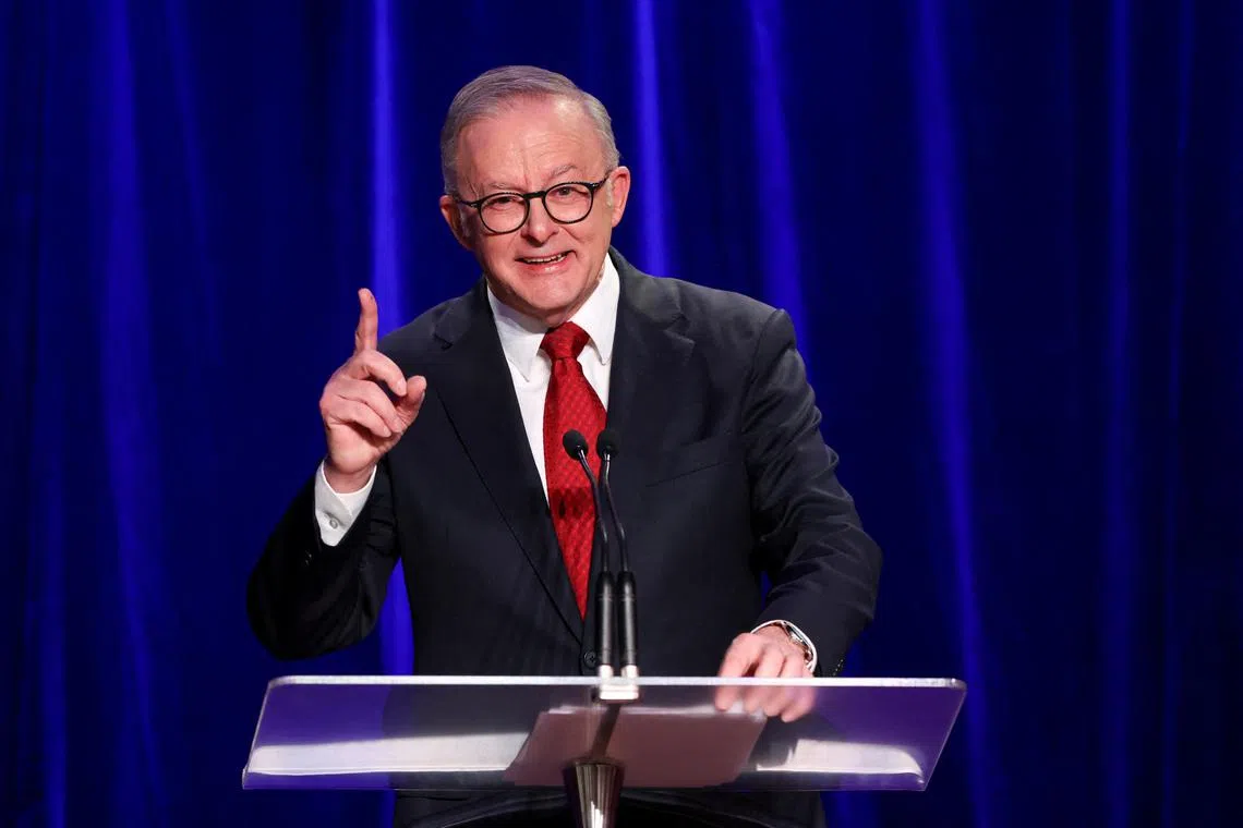 Australia's Prime Minister Anthony Albanese speaks at a Labor party election night event, after local media projected the Labor Party's victory, on the day of the Australian federal election, in Sydney, Australia, May 3, 2025. REUTERS/Hollie Adams/File Photo