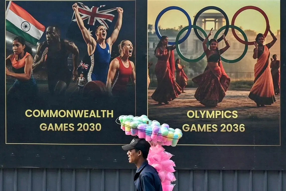 A billboard in Ahmedabad features potential sporting events for the 2030 Commonwealth Games.