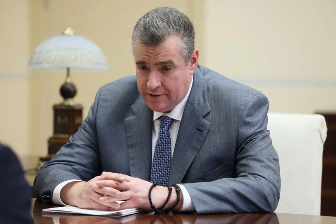 Leader of the Liberal Democratic Party (LDPR) Leonid Slutsky attends a meeting with Russian President Vladimir Putin at the Novo-Ogaryovo state residence outside Moscow, Russia February 13, 2023. Sputnik/Mikhail Metzel/Pool via REUTERS/File Photo