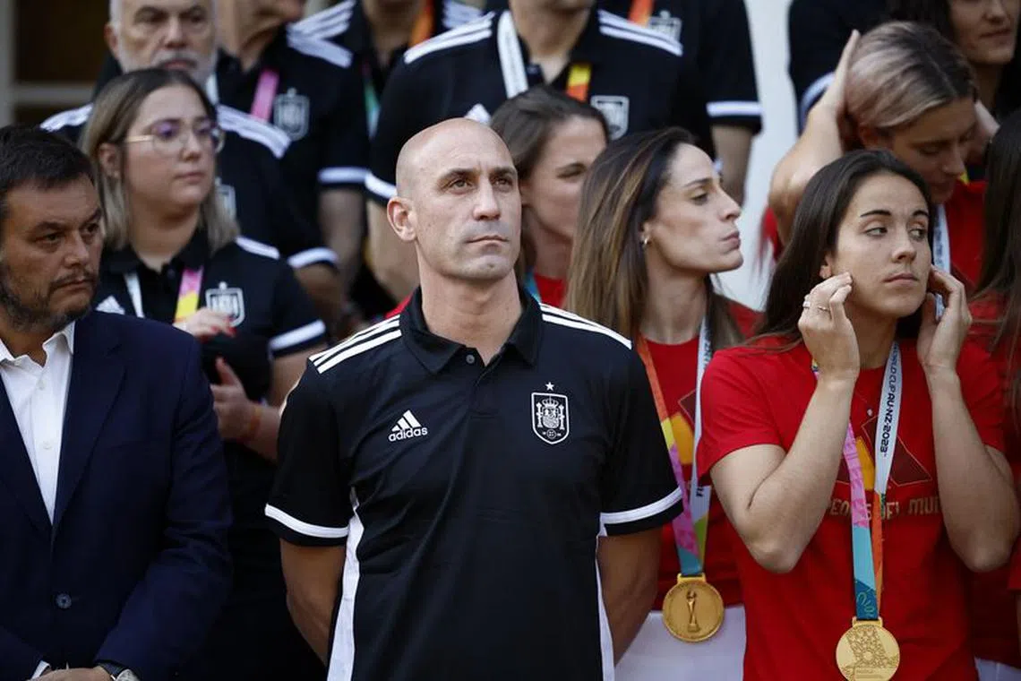 Soccer Football - FIFA Women's World Cup Australia and New Zealand 2023 - Spain's Prime Minister Pedro Sanchez receive the World Cup champions - Moncloa Palace, Madrid, Spain - August 22, 2023 President of the Royal Spanish Football Federation Luis Rubiales during the ceremony REUTERS/Juan Medina