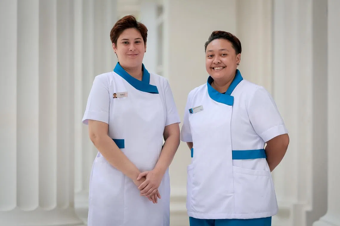 Khoo Teck Puat Hospital (KTPH) Senior Enrolled Nurse Nur Shahirah Bte Maahadi (right) and Tan Tock Seng Hospital Enrolled Nurse Bridget Vargilia Welford were among the first batch of 33 nurses registered for the first ITE Work-Study Diploma in Nursing.