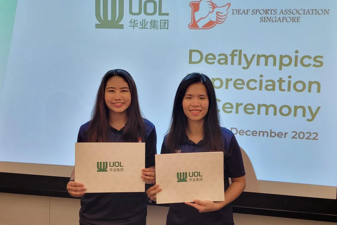 Adelia Naomi Yokoyama & Kimberly Quek received monetary awards from sponsor UOL Group Limited (UOL) for their achievements at 24th Summer Deaflympics 21/22 bowling events held in Malaysia. 