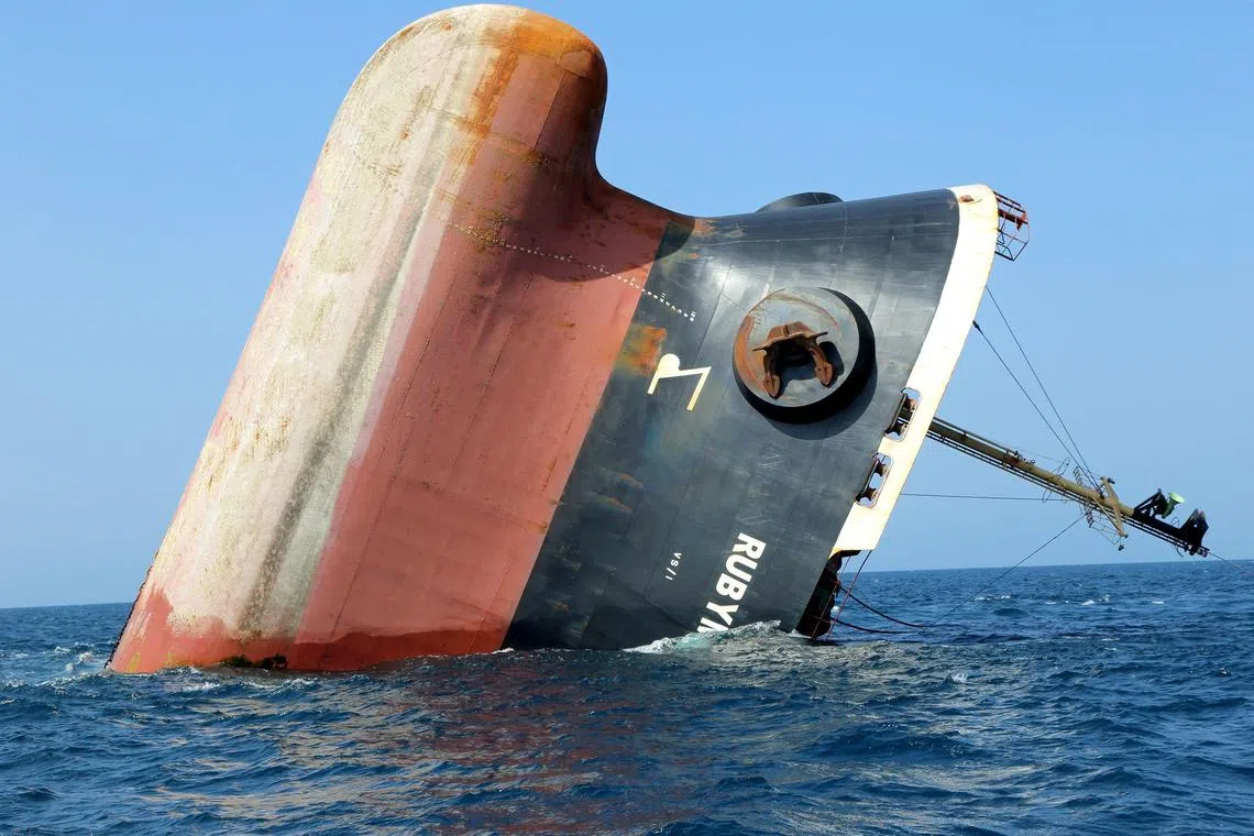 This picture taken on March 7 shows the Rubymar cargo ship partly submerged off the coast of Yemen. The Belize-flagged, Lebanese-operated bulk carrier went down off Yemen after a Houthi missile attack. 