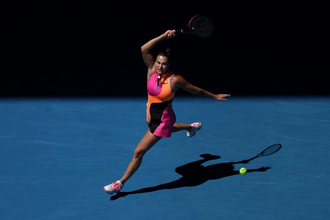 Tennis - Australian Open - Melbourne Park, Melbourne, Australia - January 23, 2026 Belarus' Aryna Sabalenka in action during her third round match against Austria's Anastasia Potapova REUTERS/Edgar Su