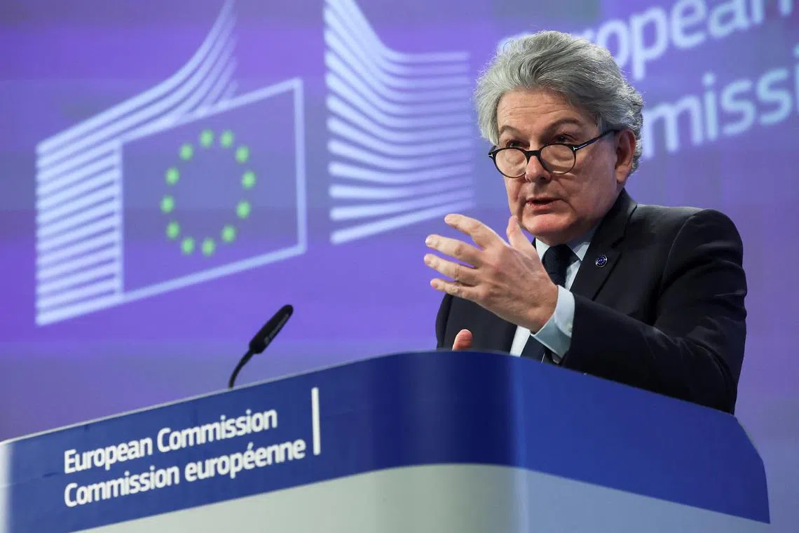 FILE PHOTO: European Commissioner for Internal Market Thierry Breton speaks during a press conference presenting plans to boost the European Union's arms industry in Brussels, Belgium March 5, 2024. REUTERS/Yves Herman/File Photo