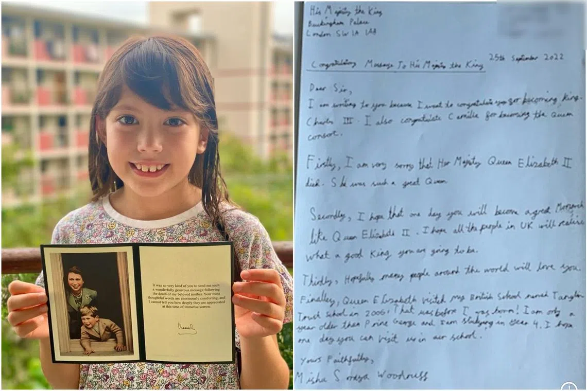 King Charles responded to Misha Woodruff's letter with a signed card about seven months later, thanking her for her kind words.