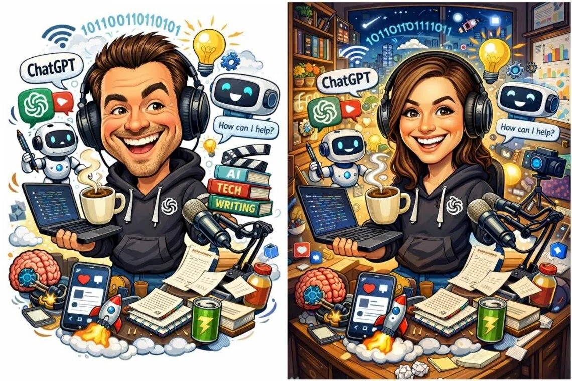 Caricatures generated by ChatGPT with the trending prompt, except the individuals in them are not real people.