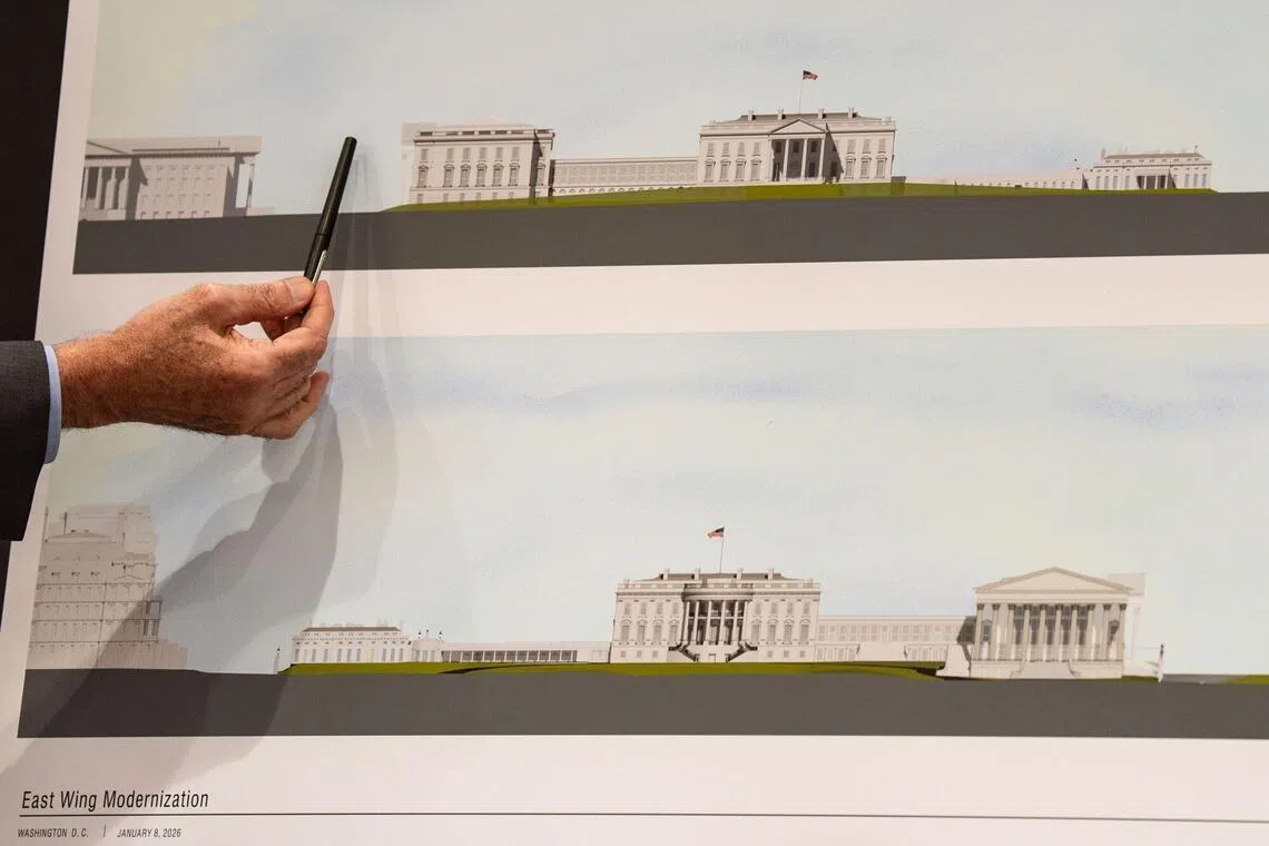 Architect Shalom Baranes points to a rendering during a public hearing regarding the White House ballroom construction at the National Capital Planning Commission in Washington, DC, US, on Thursday, Jan. 8, 2026. The proposed White House ballroom will cost as much as $400 million, with President Donald Trump saying it will also be equipped to host inaugurations going forward. Photographer: Kent Nishimura/Bloomberg