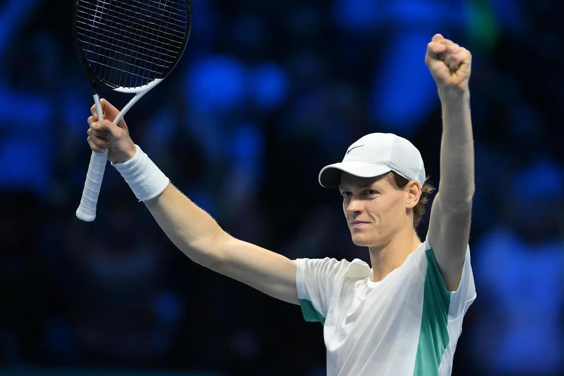 epa10975524 Jannik Sinner of Italy celebrates after the match against Novak Djokovic of Serbia at the Nitto ATP Finals tennis tournament in Turin, Italy, 14 November 2023.  EPA-EFE/ALESSANDRO DI MARCO