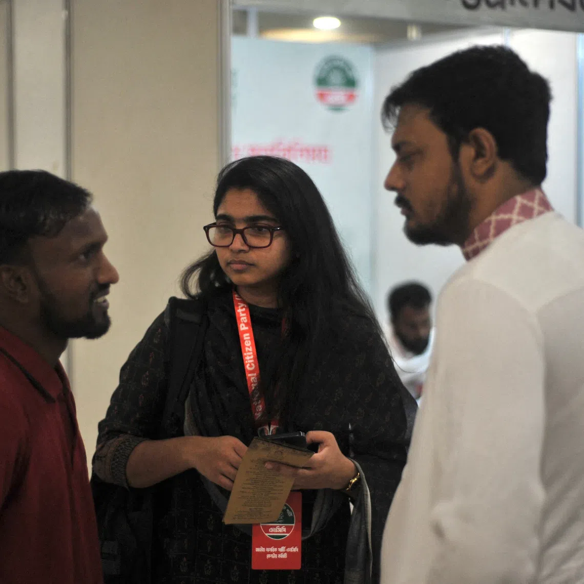 FILE PHOTO: National Citizen Party (NCP) senior leaders Tasnim Jara and Nasiruddin Patowari speak with Shujon Khan, a rickshaw puller who wants to run for MP in the country's upcoming national election, at the party's candidate interviewing event in Dhaka, Bangladesh, November 24, 2025. REUTERS/Sam Jahan/File Photo