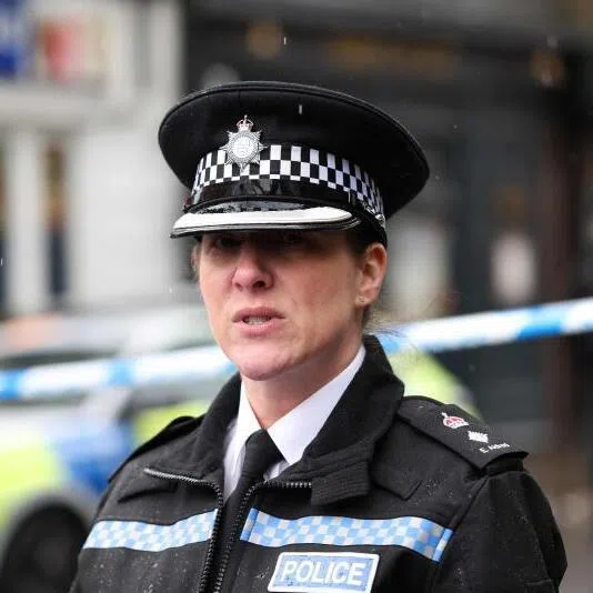 Chief Superintendent Emma Aldred, area commander for Derby issuing a statement near to a cordon set up on Friar Gate in central Derby, England on March 29, 2026.