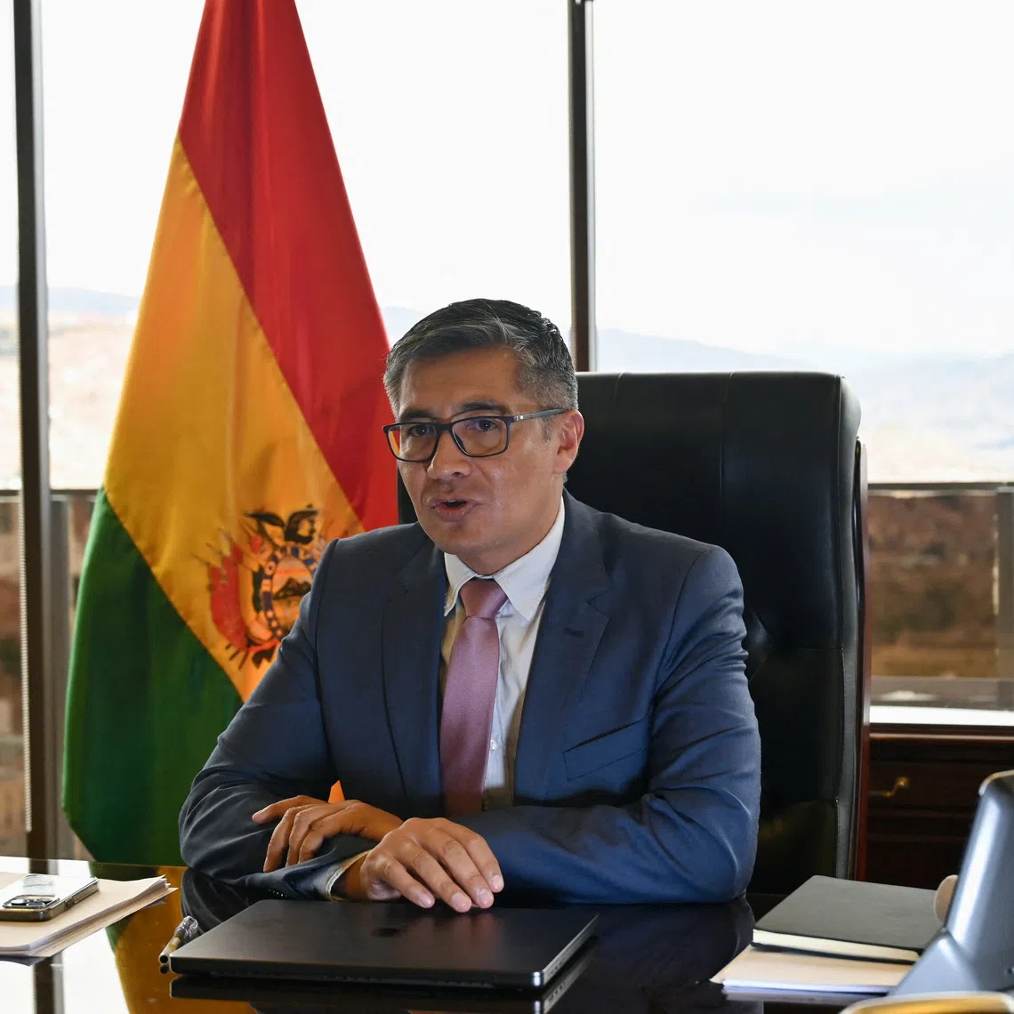 Minister of Economy Jose Gabriel Espinoza speaks during an interview with Reuters, in La Paz, Bolivia, November 24, 2025. REUTERS/Claudia Morales